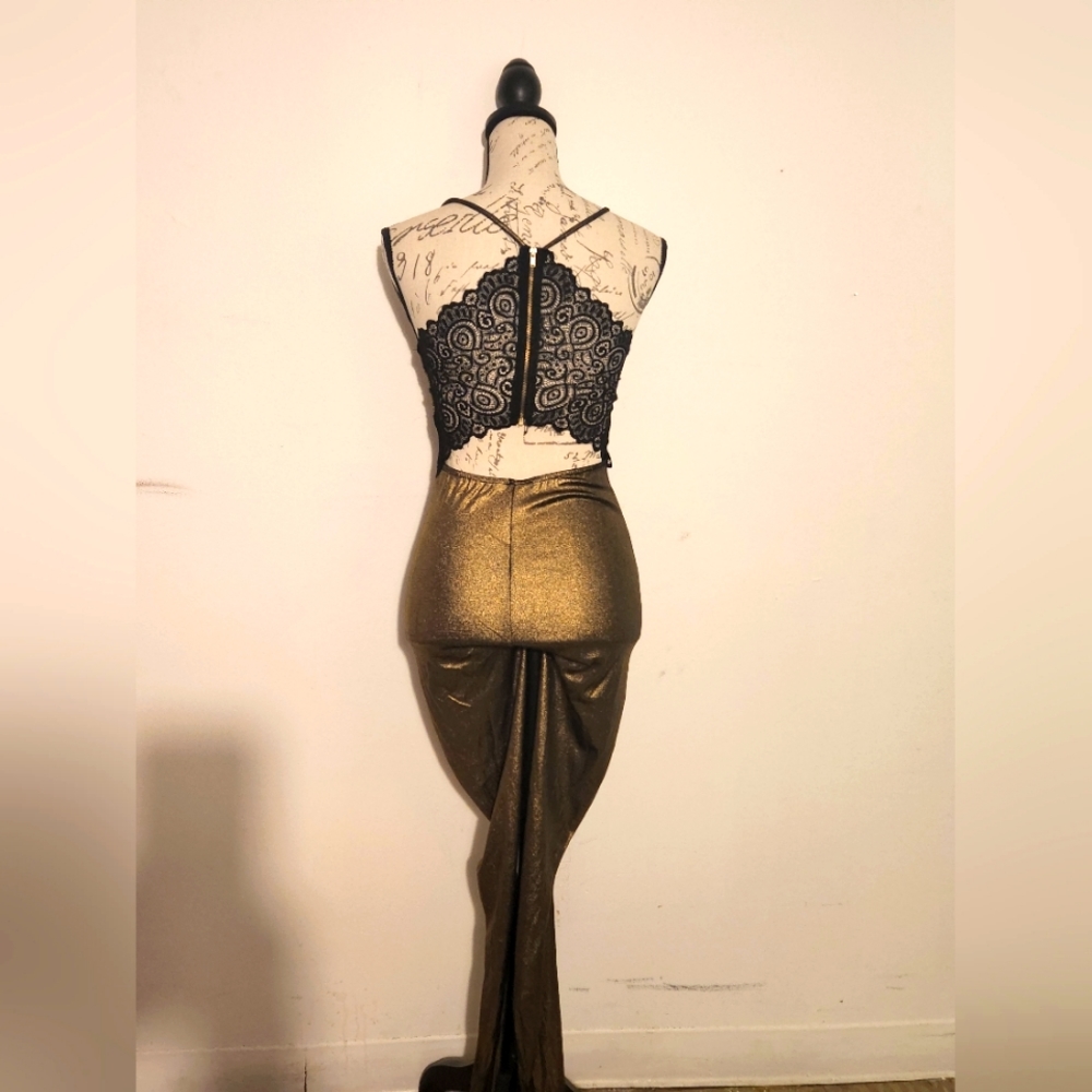 Gold shimmer Spaghetti Strap, open lace back Romper with zipper